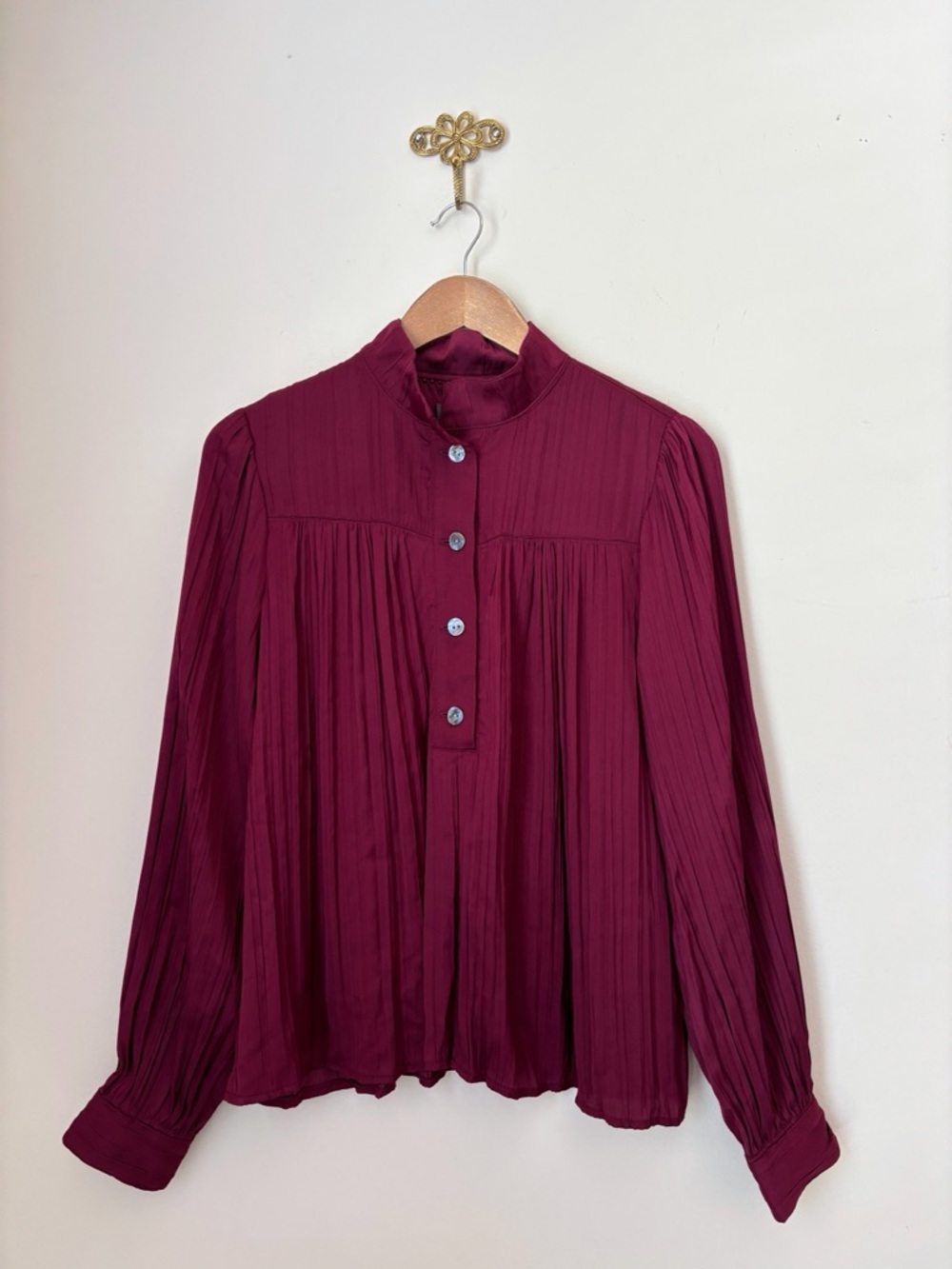Anthropologie Burgundy Pleated Relaxed Shimmer Blouse Small Office Chic NEW NWT - Picture 2 of 8